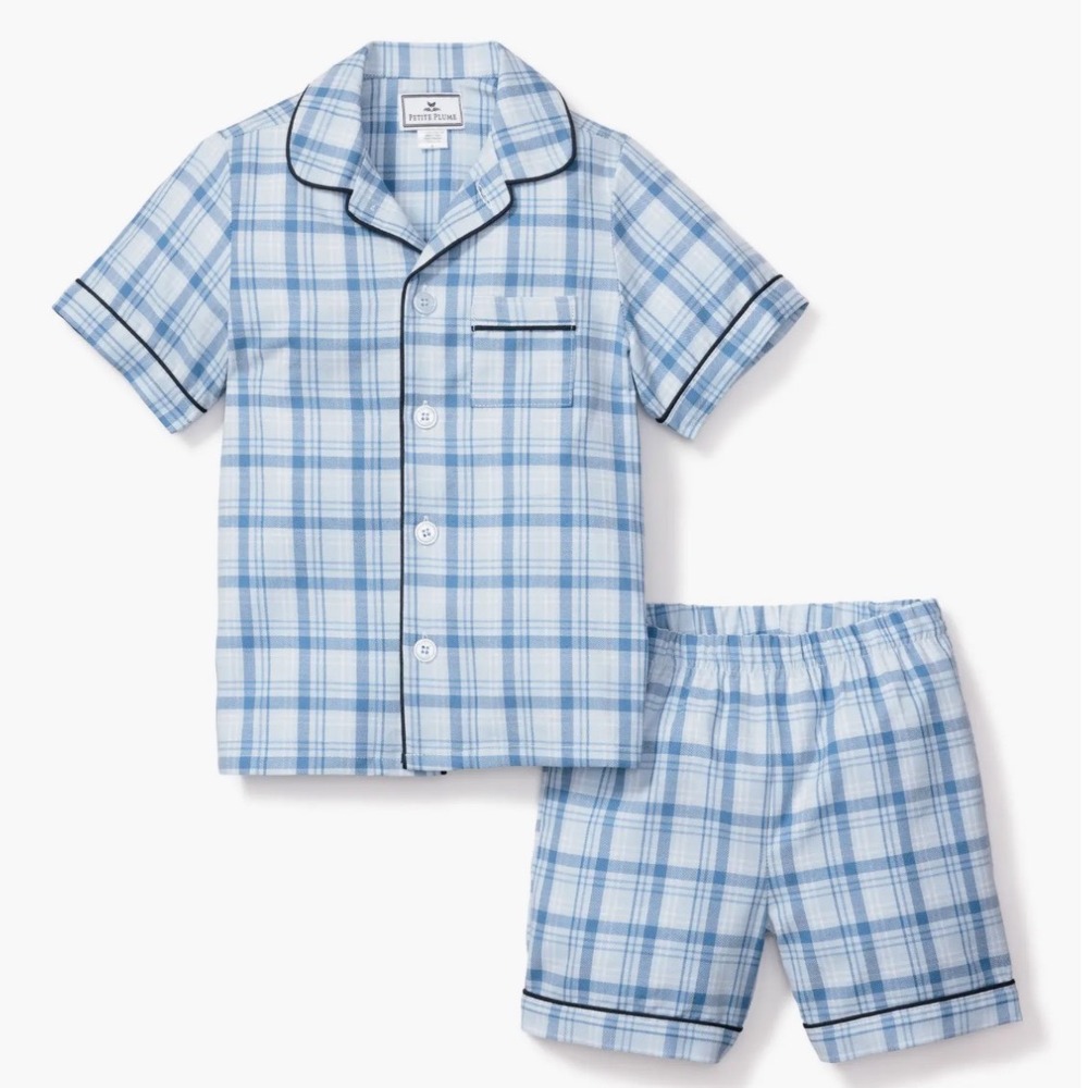 Petite Plume Boys Seafarer Tartan Short Set Blue Plaid Pajamas Size 12 SSSST112